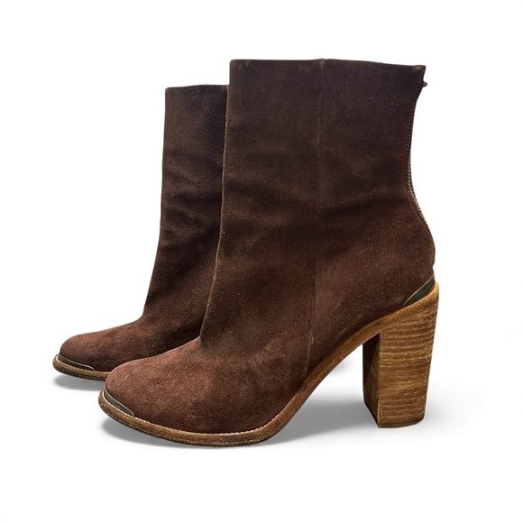 All Saints Shoes - ALLSAINTS Suede Leather Boots Stacked Heel Booties Chocolate Brown Size 39